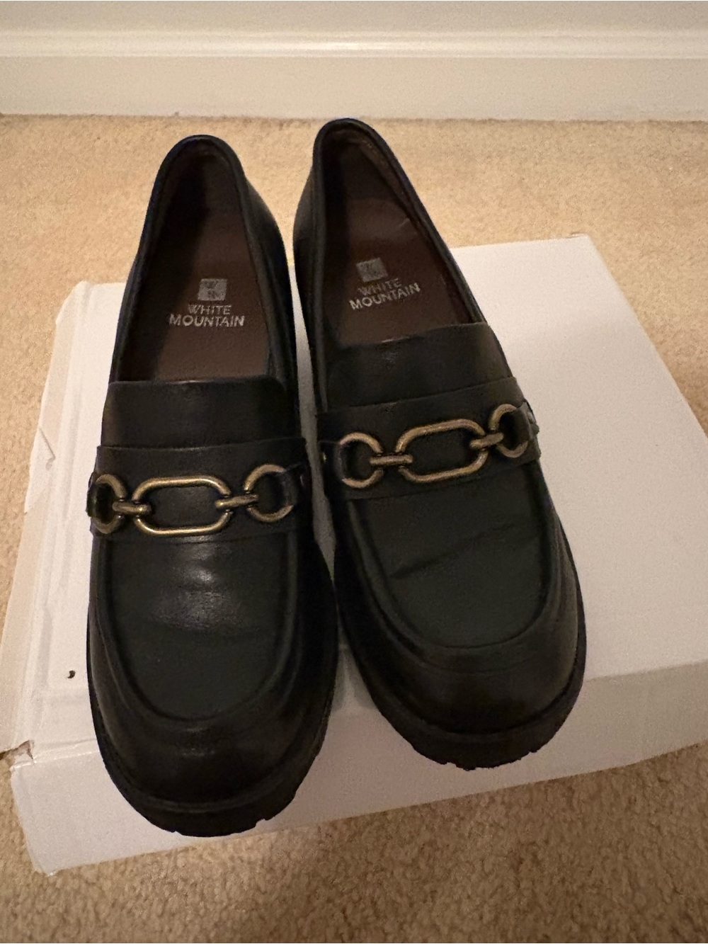 White Mountain Black Leather Loafers with Gold Chain Accent